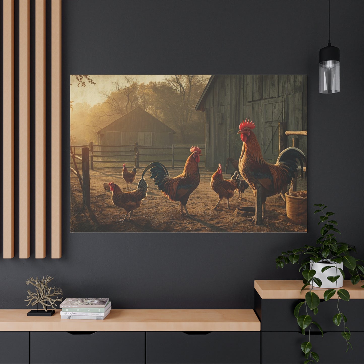 Rooster Farmhouse Canvas Print – Rustic Morning Barnyard Wall Art