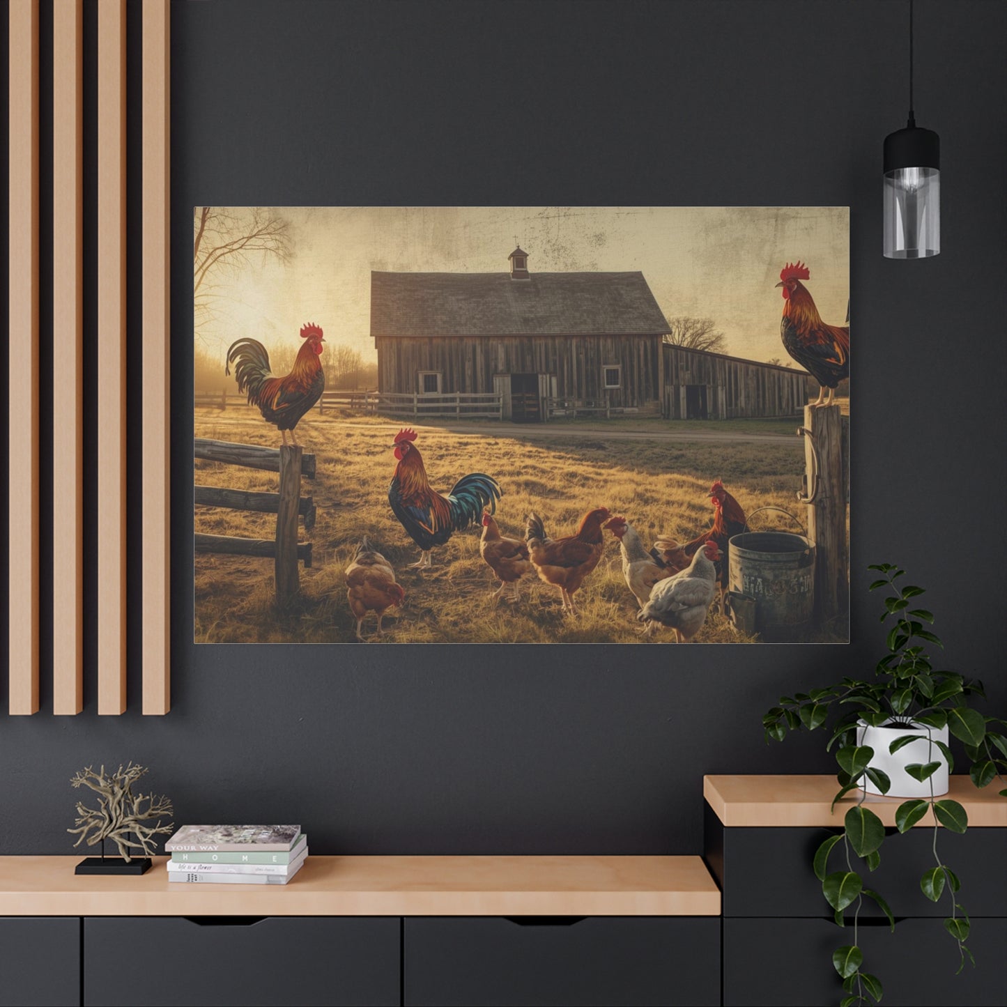 Rustic Morning Rooster Farm Matte Canvas Print