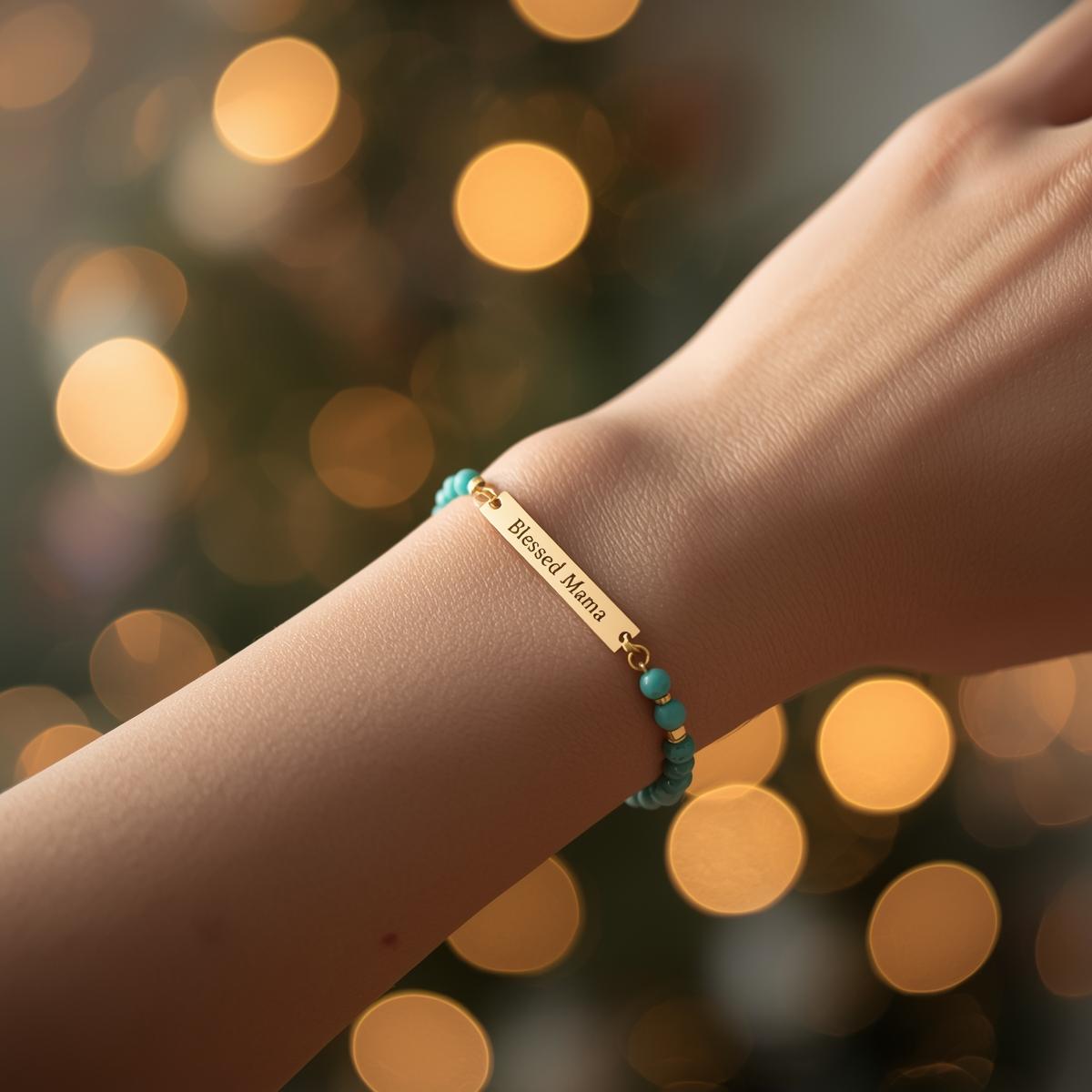 Blessed Mama Natural Stone Bracelet — Engraved Stretch Bead Bracelet