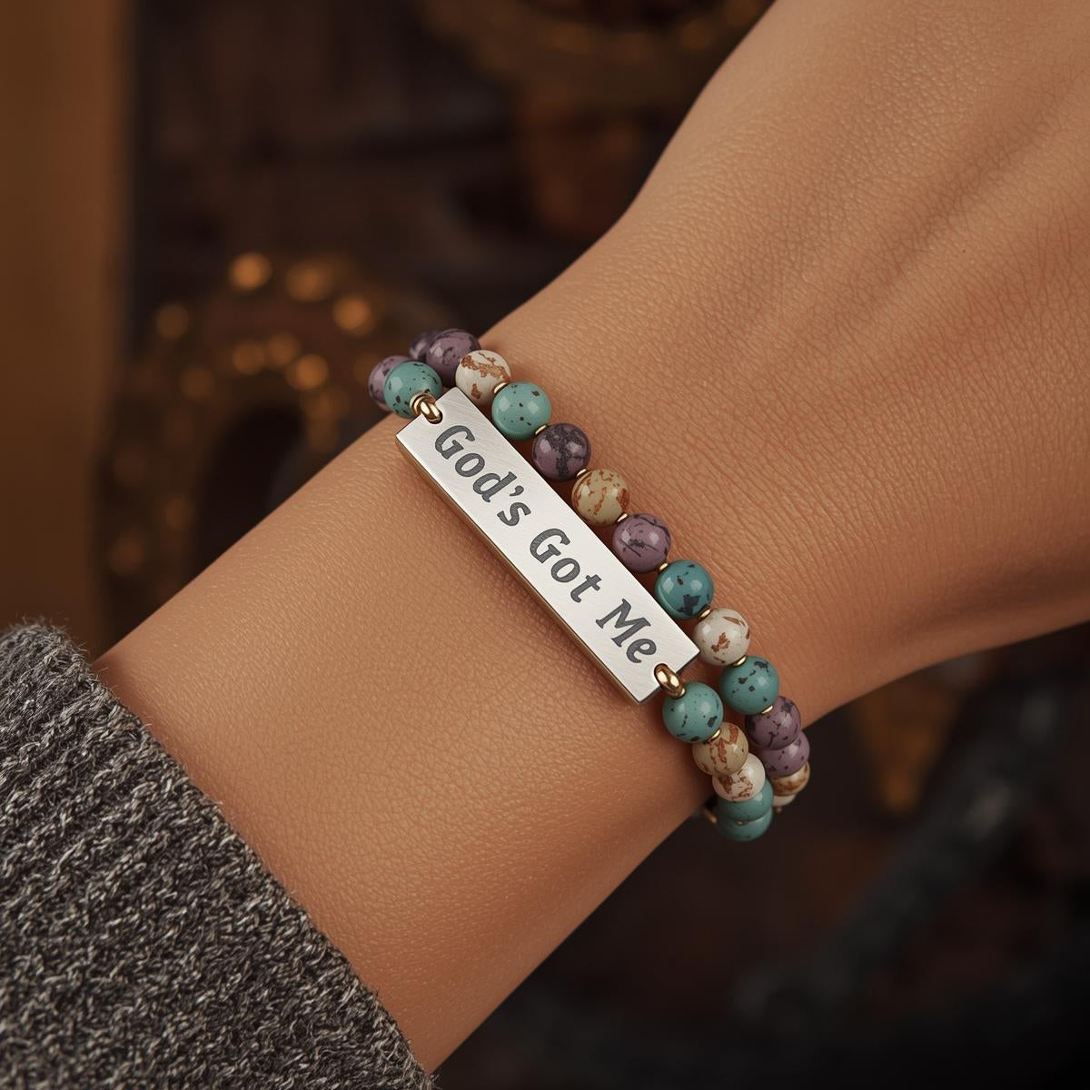 WALKING BY FAITH Engravable Natural Stone Bead Bar Bracelet — Stretch Gemstone Bracelet (Custom Engraving)