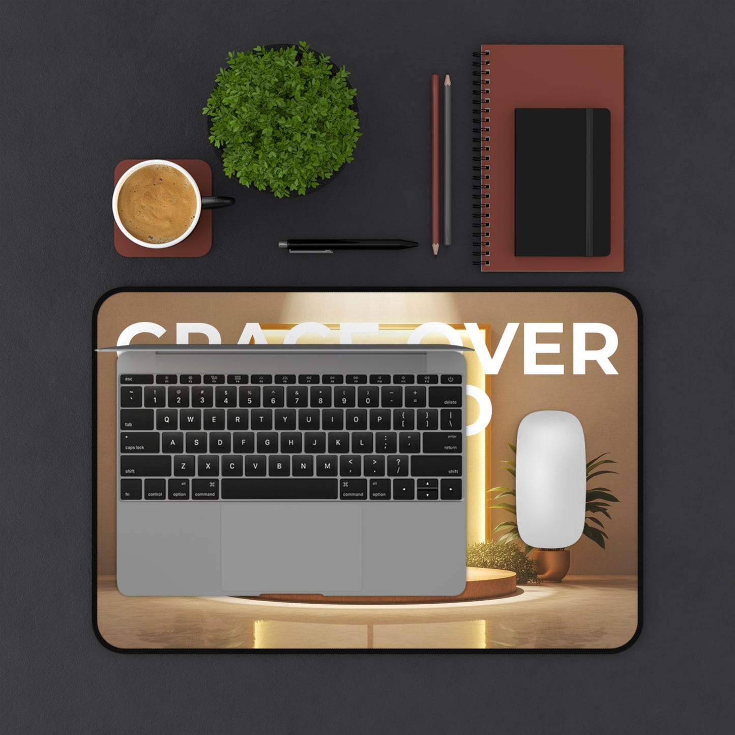 Grace Over Grind Desk Mat — Inspirational Christian Office Desk Mat with Cross Altar Design