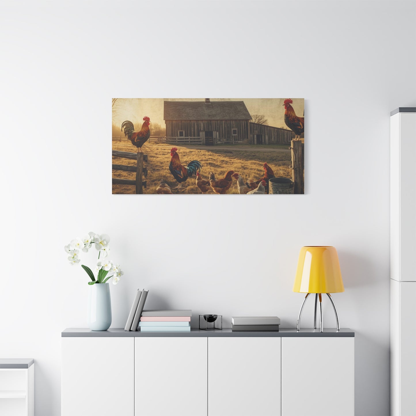 Rustic Morning Rooster Farm Matte Canvas Print