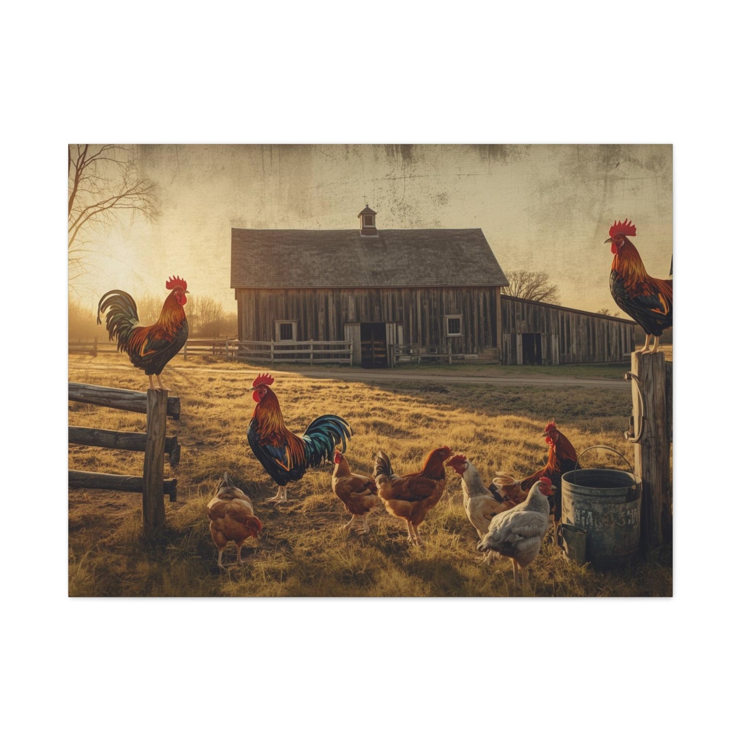 Rustic Morning Rooster Farm Matte Canvas Print