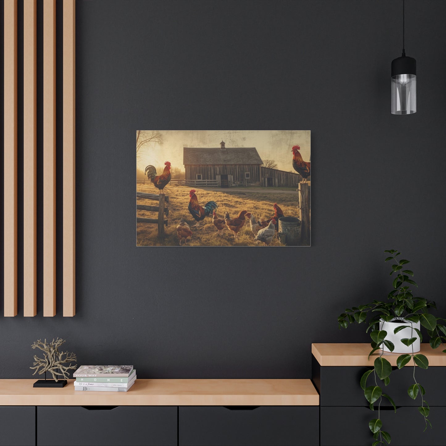Rustic Morning Rooster Farm Matte Canvas Print