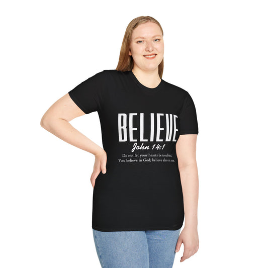 Inspirational T-Shirt: Believe John 14:1, Christian Gift, Faith Apparel, Motivational Tee, Religious Shirt