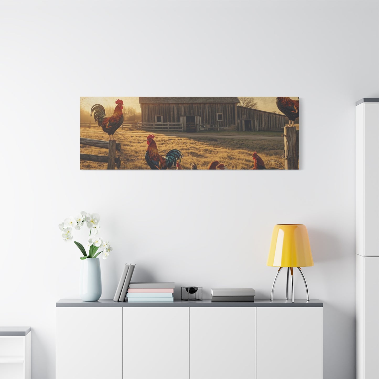 Rustic Morning Rooster Farm Matte Canvas Print