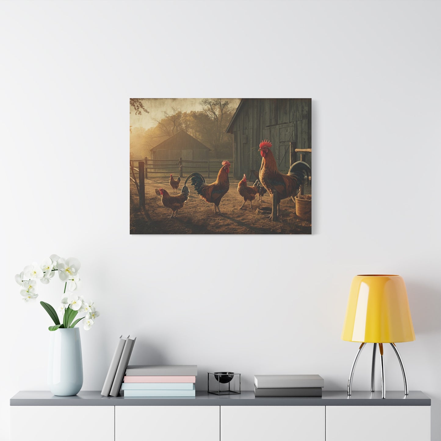 Rooster Farmhouse Canvas Print – Rustic Morning Barnyard Wall Art
