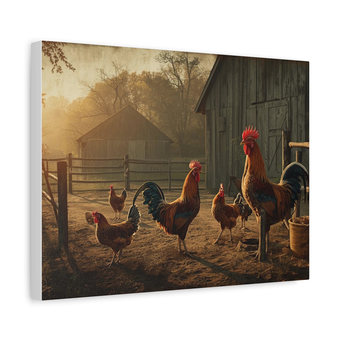 Rooster Farmhouse Canvas Print – Rustic Morning Barnyard Wall Art