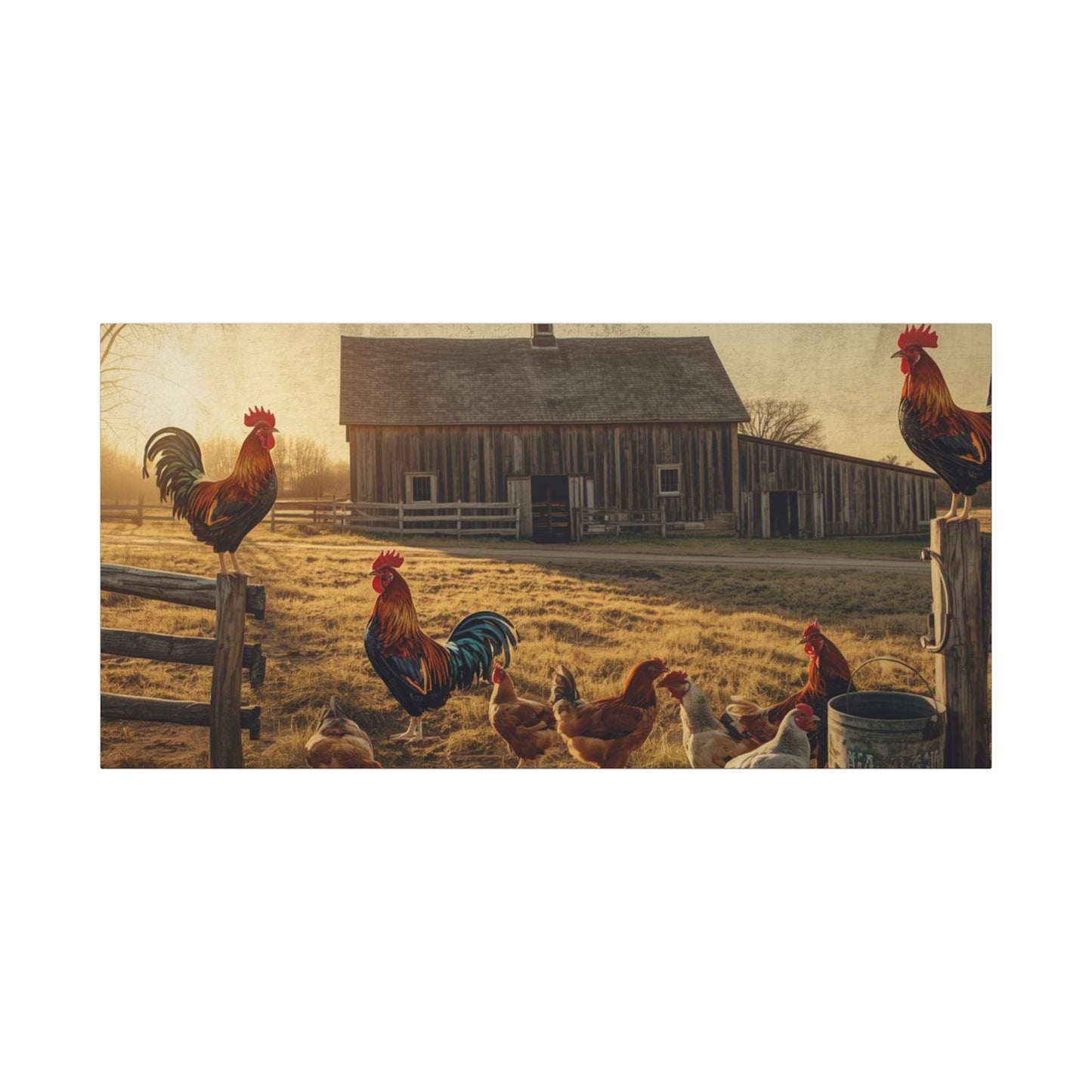 Rustic Morning Rooster Farm Matte Canvas Print