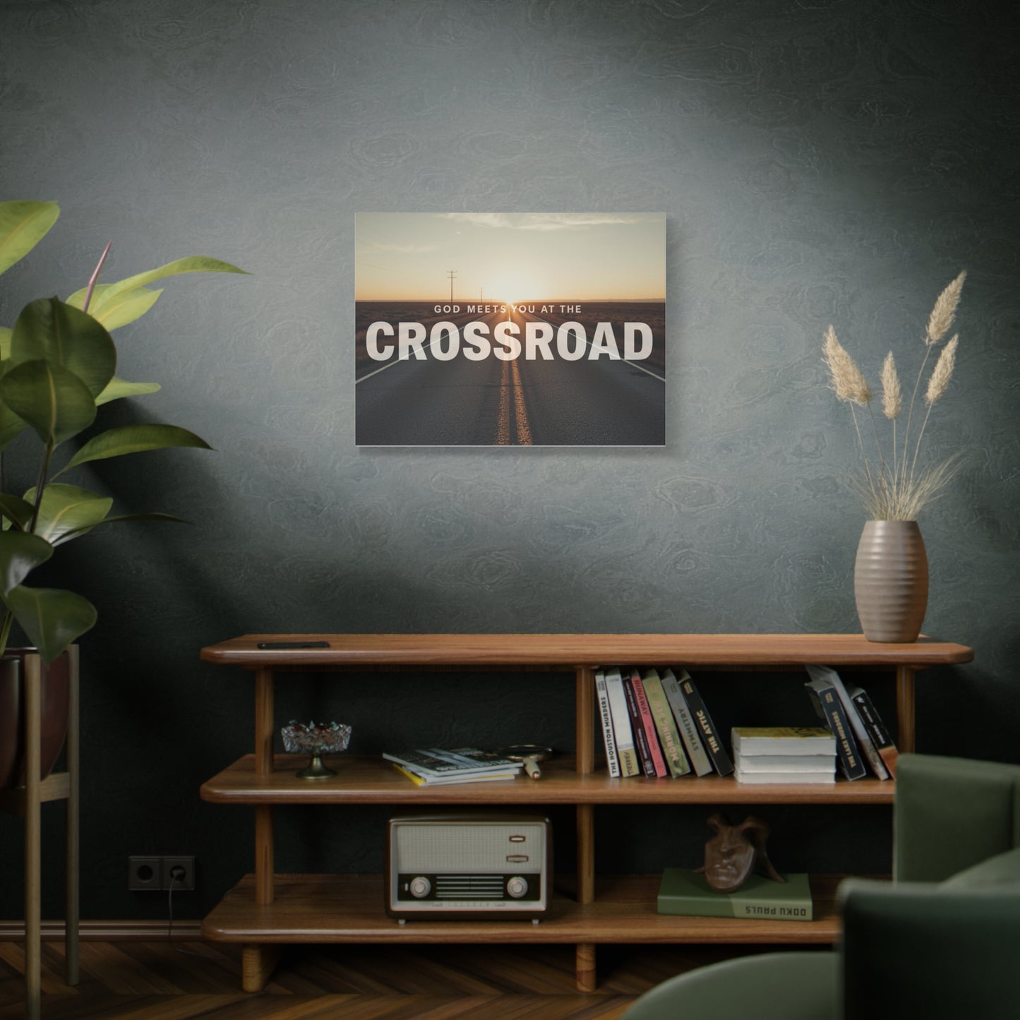 Crossroad Inspirational Canvas Print — “God Meets You at the Crossroad” Sunset Wall Art