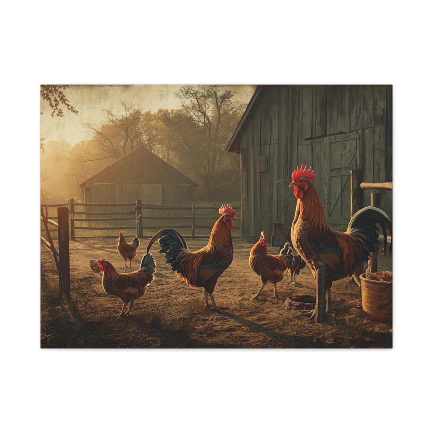 Rooster Farmhouse Canvas Print – Rustic Morning Barnyard Wall Art