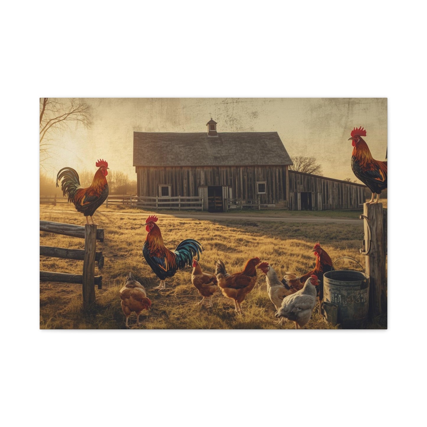 Rustic Morning Rooster Farm Matte Canvas Print