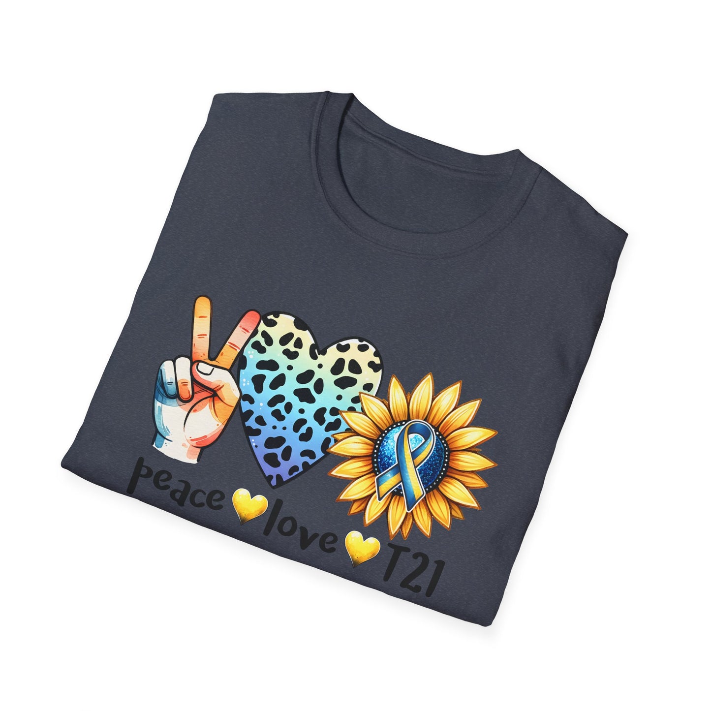 Down Syndrome Awareness T-Shirt, Unisex Graphic Tee, Peace Love T21 Casual Wear, Gift for Awareness Month, Sunshine Heart Design