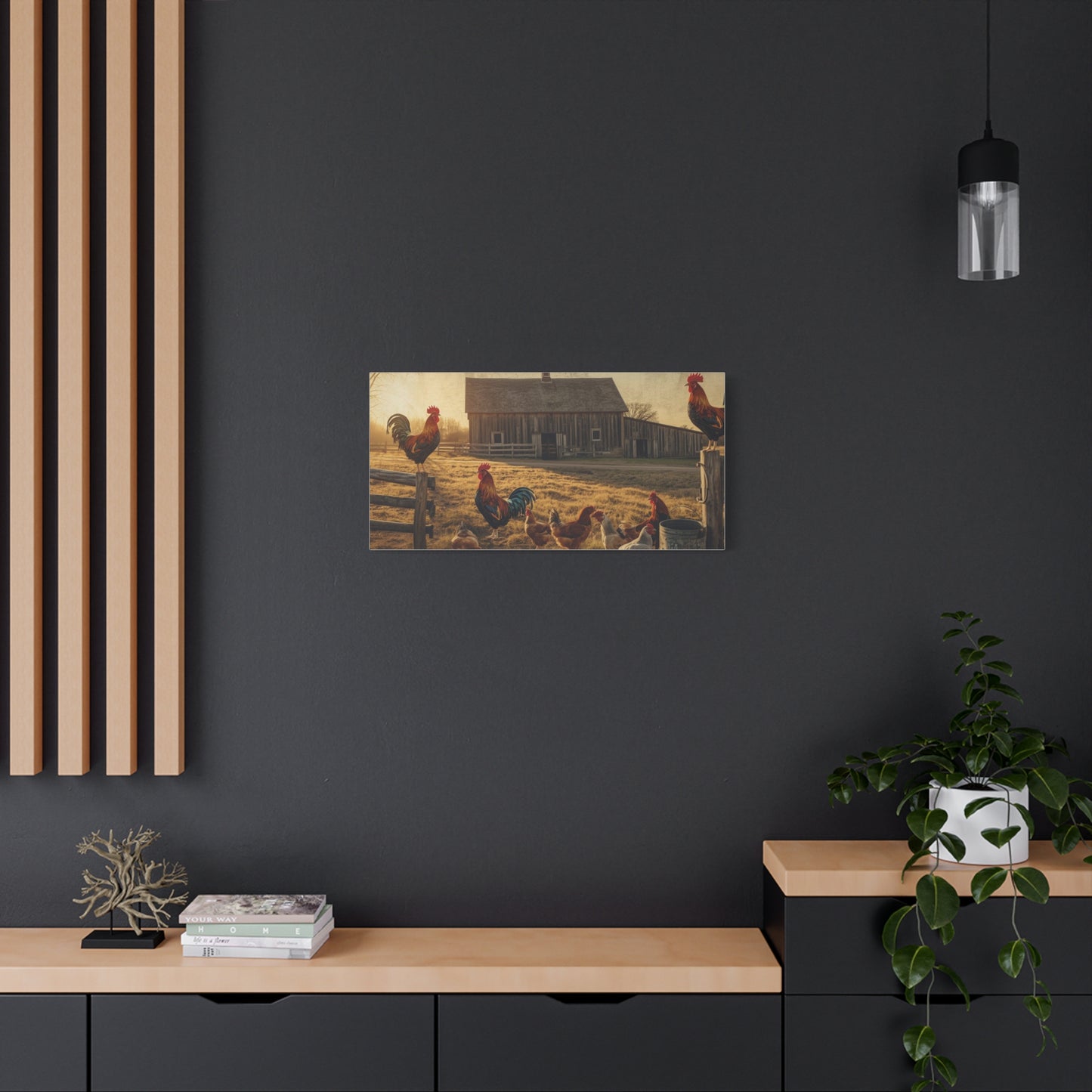 Rustic Morning Rooster Farm Matte Canvas Print