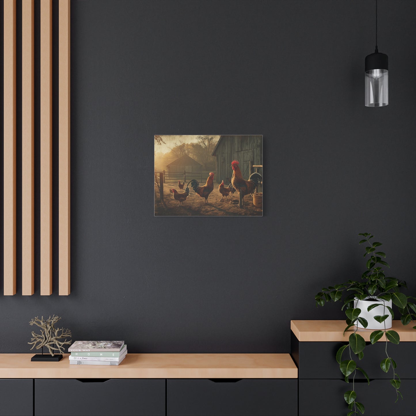 Rooster Farmhouse Canvas Print – Rustic Morning Barnyard Wall Art