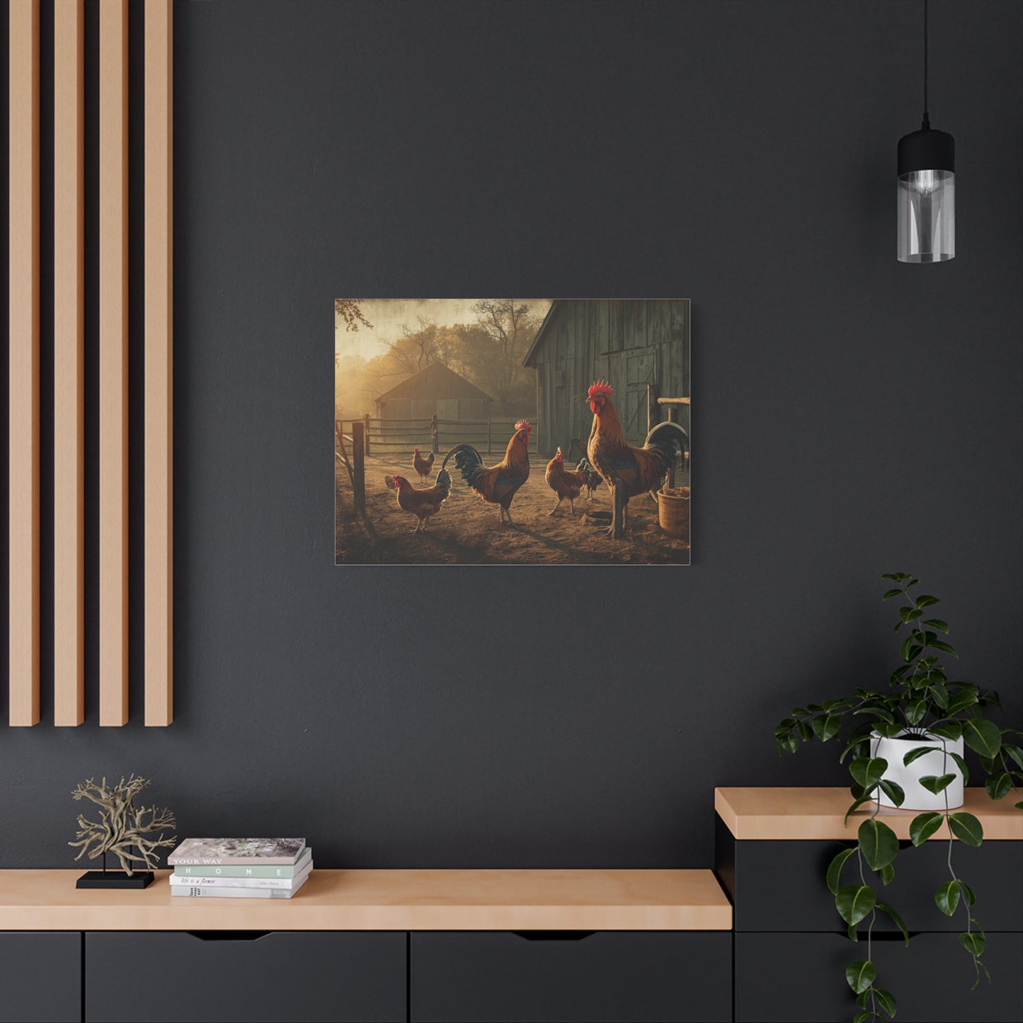 Rooster Farmhouse Canvas Print – Rustic Morning Barnyard Wall Art