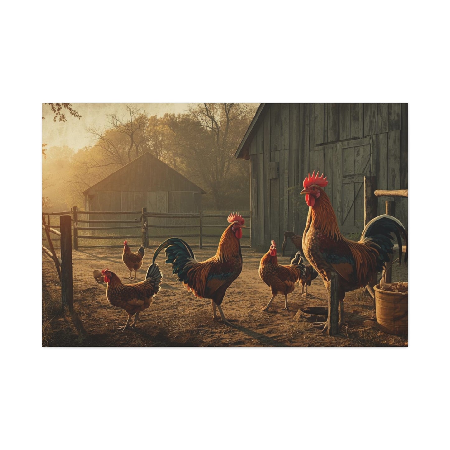 Rooster Farmhouse Canvas Print – Rustic Morning Barnyard Wall Art