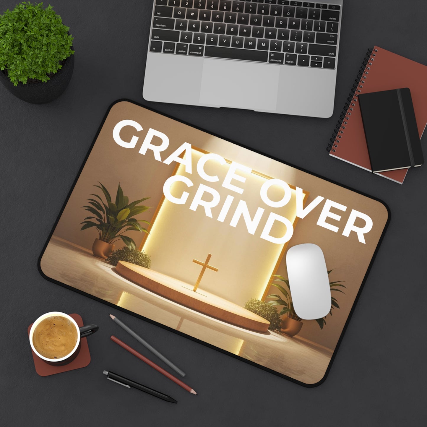 Grace Over Grind Desk Mat — Inspirational Christian Office Desk Mat with Cross Altar Design