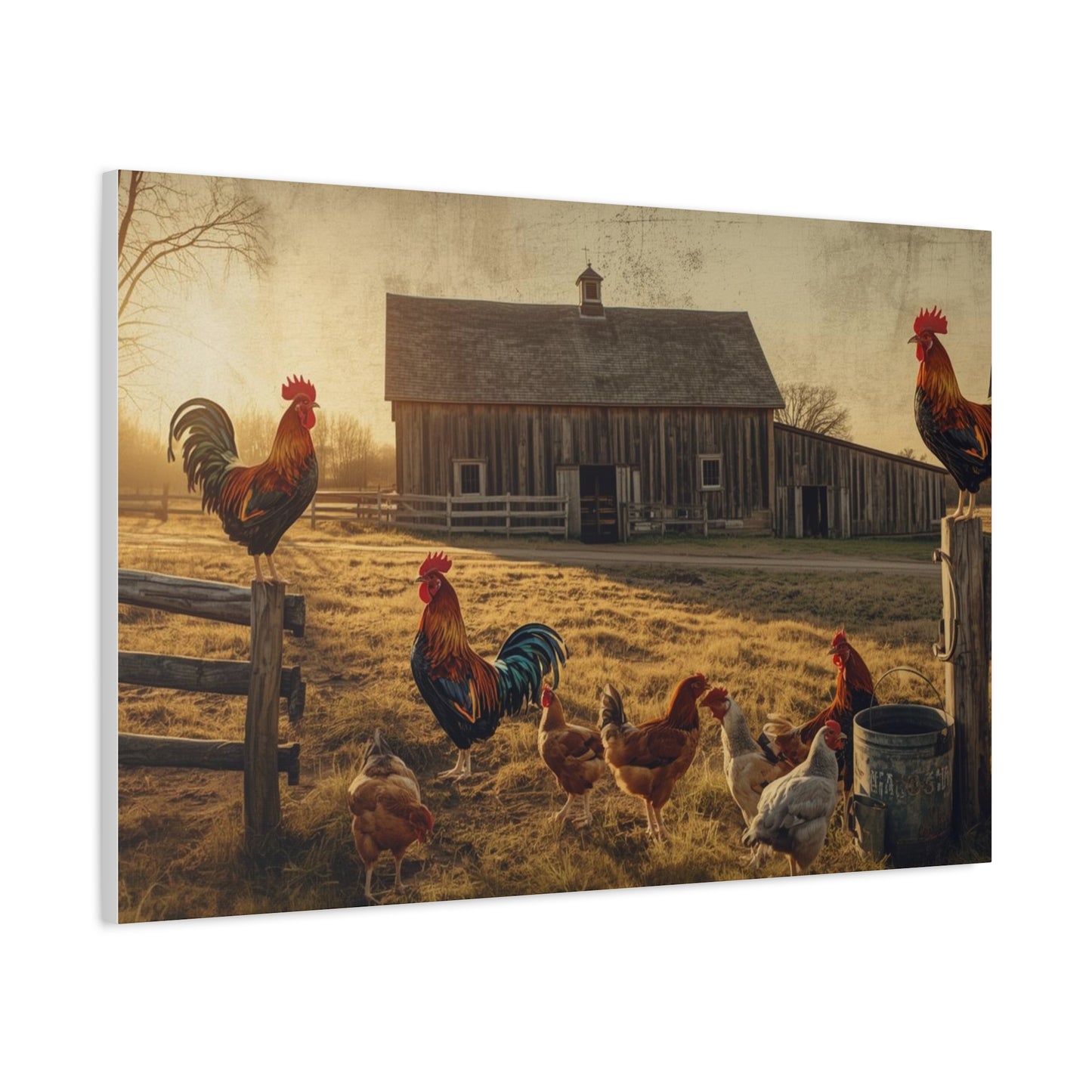 Rustic Morning Rooster Farm Matte Canvas Print