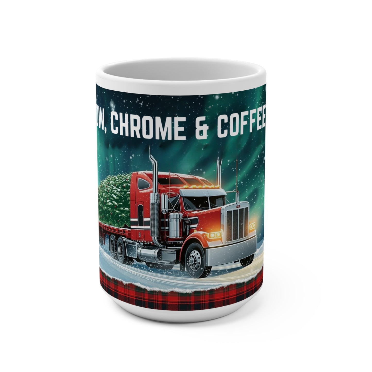 Trucking Christmas Mug - 15oz Holiday Coffee Cup with Chrome Truck Design