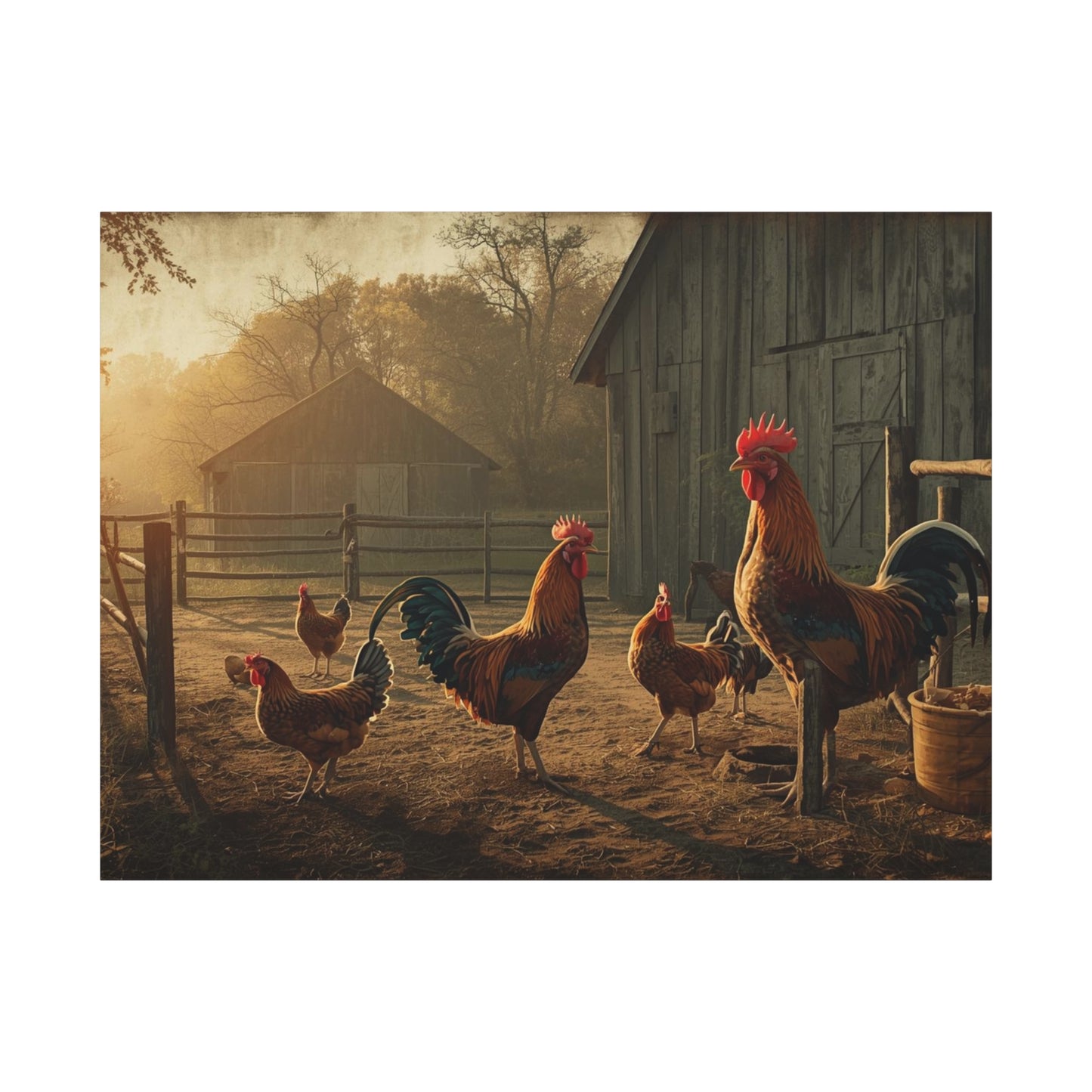 Rooster Farmhouse Canvas Print – Rustic Morning Barnyard Wall Art