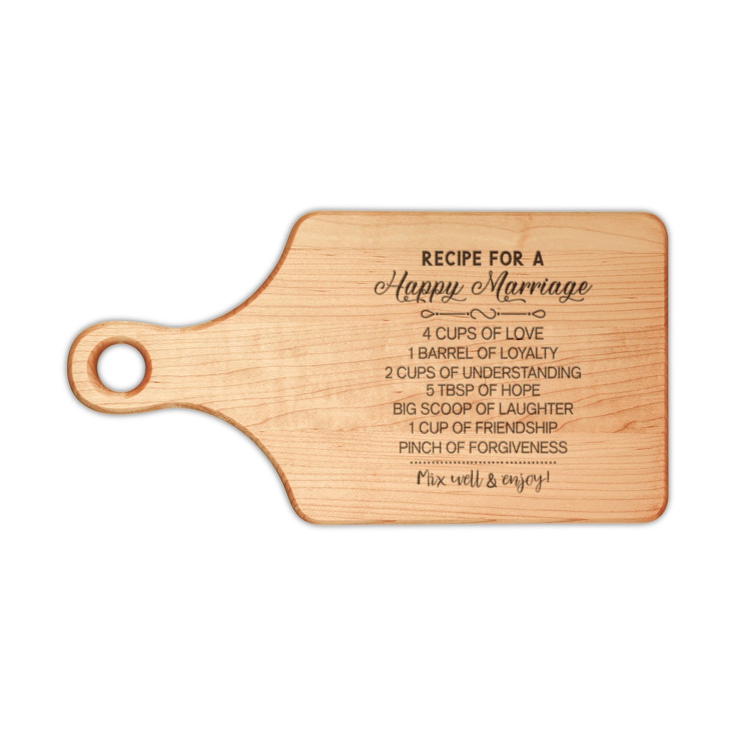 Engraved 'Recipe for a Happy Marriage' Wooden Cutting Board