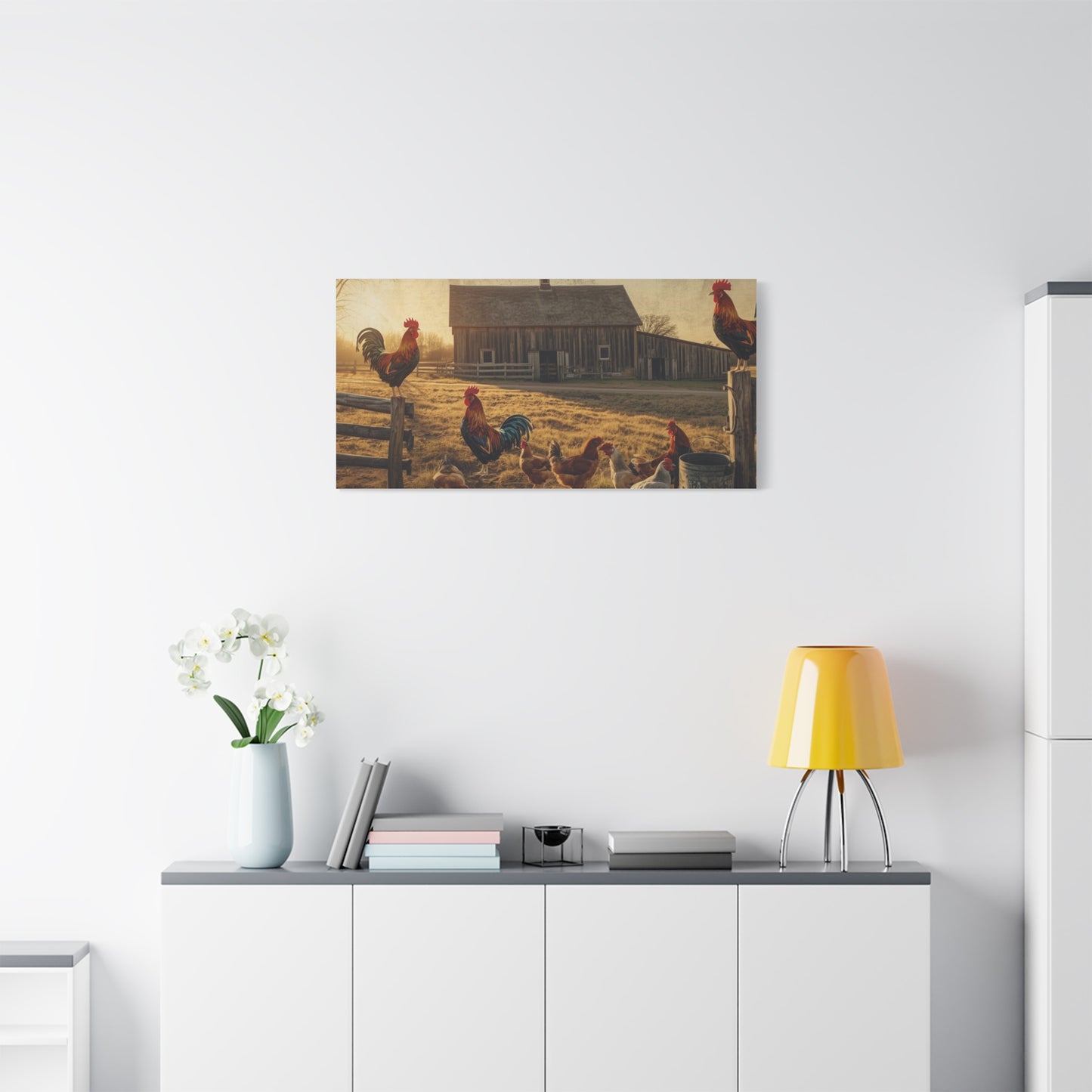 Rustic Morning Rooster Farm Matte Canvas Print