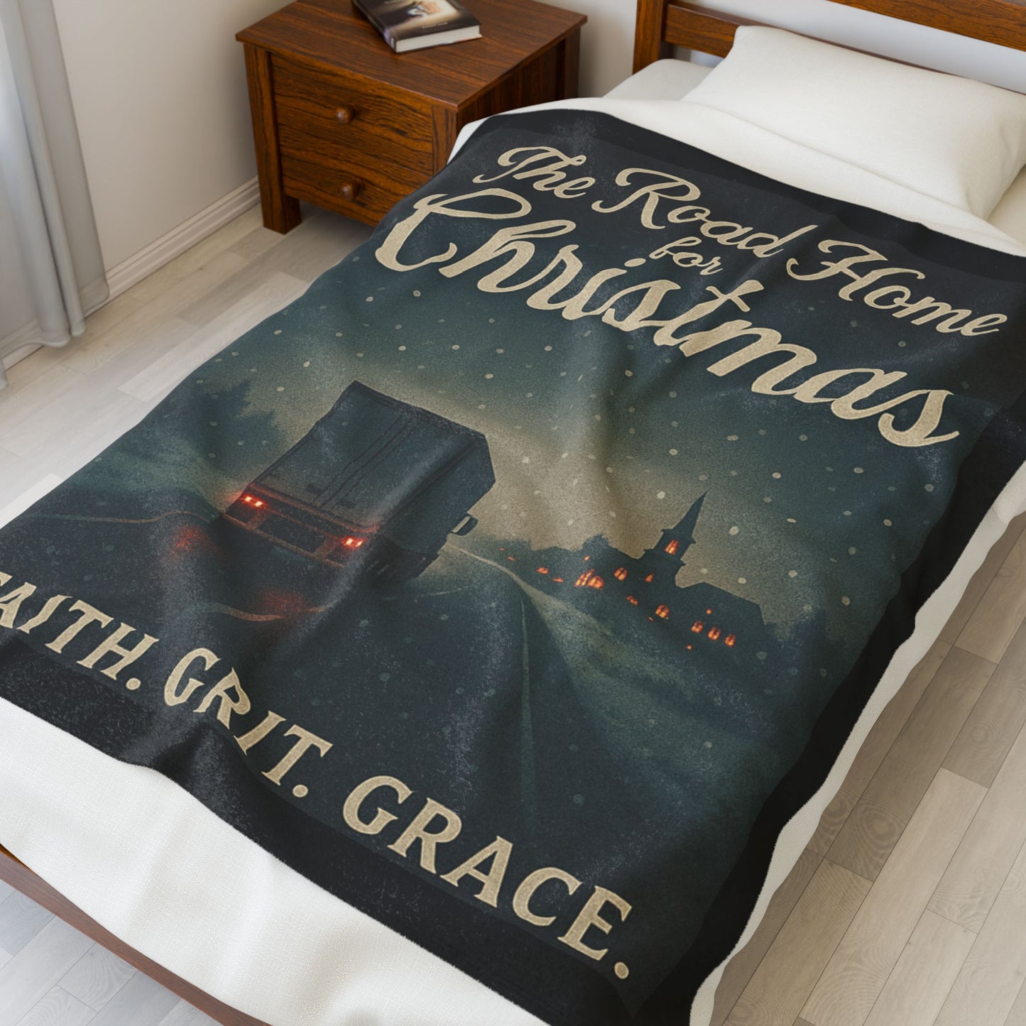 Christmas Road Home Plush Blanket - Cozy Velveteen Throw with Faith, Grit, Grace Design