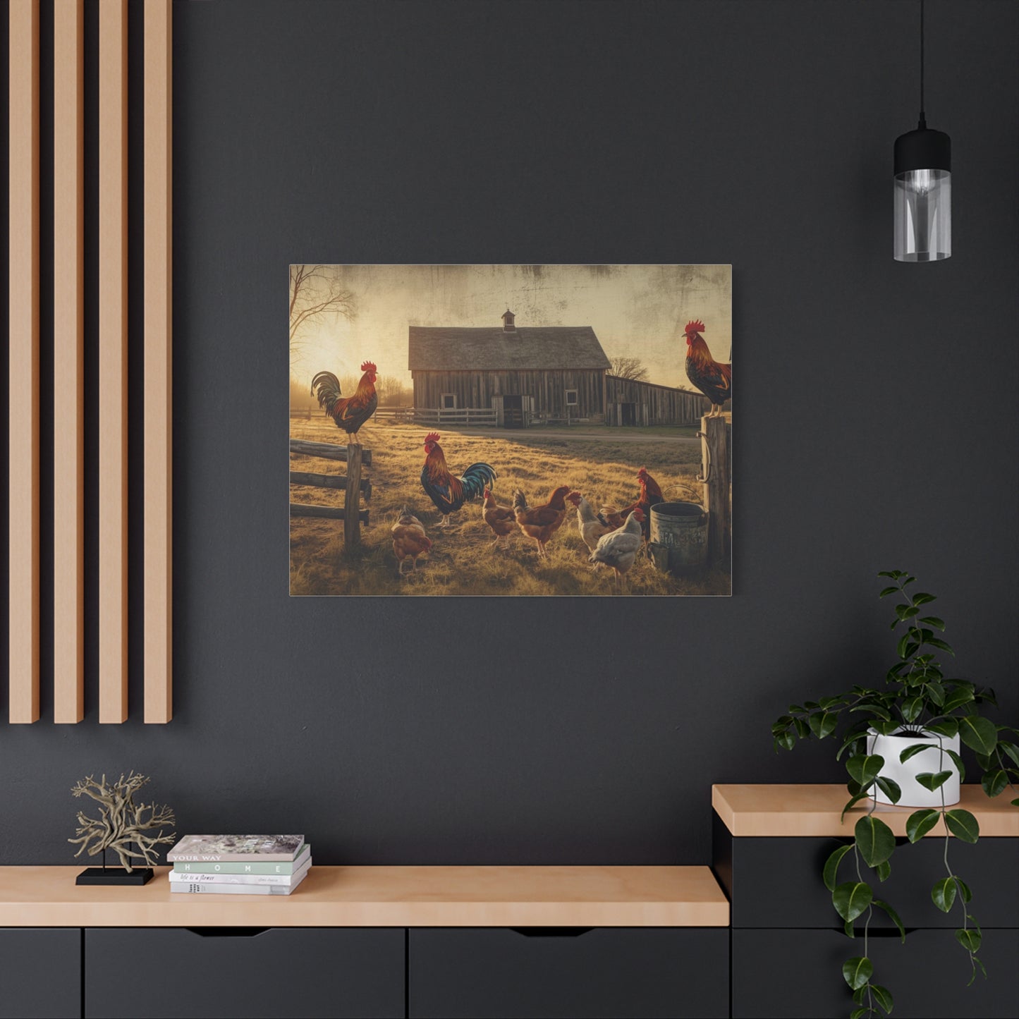 Rustic Morning Rooster Farm Matte Canvas Print