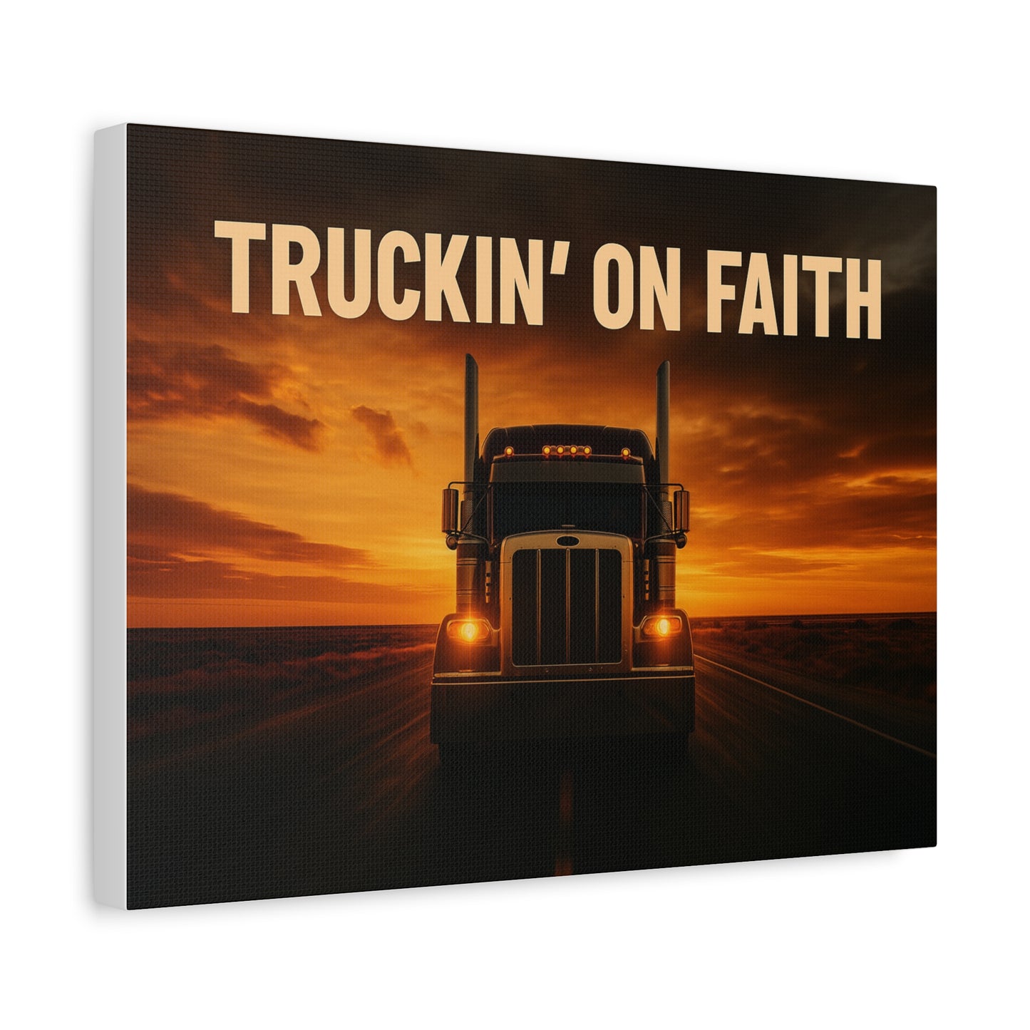 Truckin' On Faith Matte Canvas Wall Art — Semi Truck Sunset Print