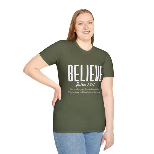 Inspirational T-Shirt: Believe John 14:1, Christian Gift, Faith Apparel, Motivational Tee, Religious Shirt