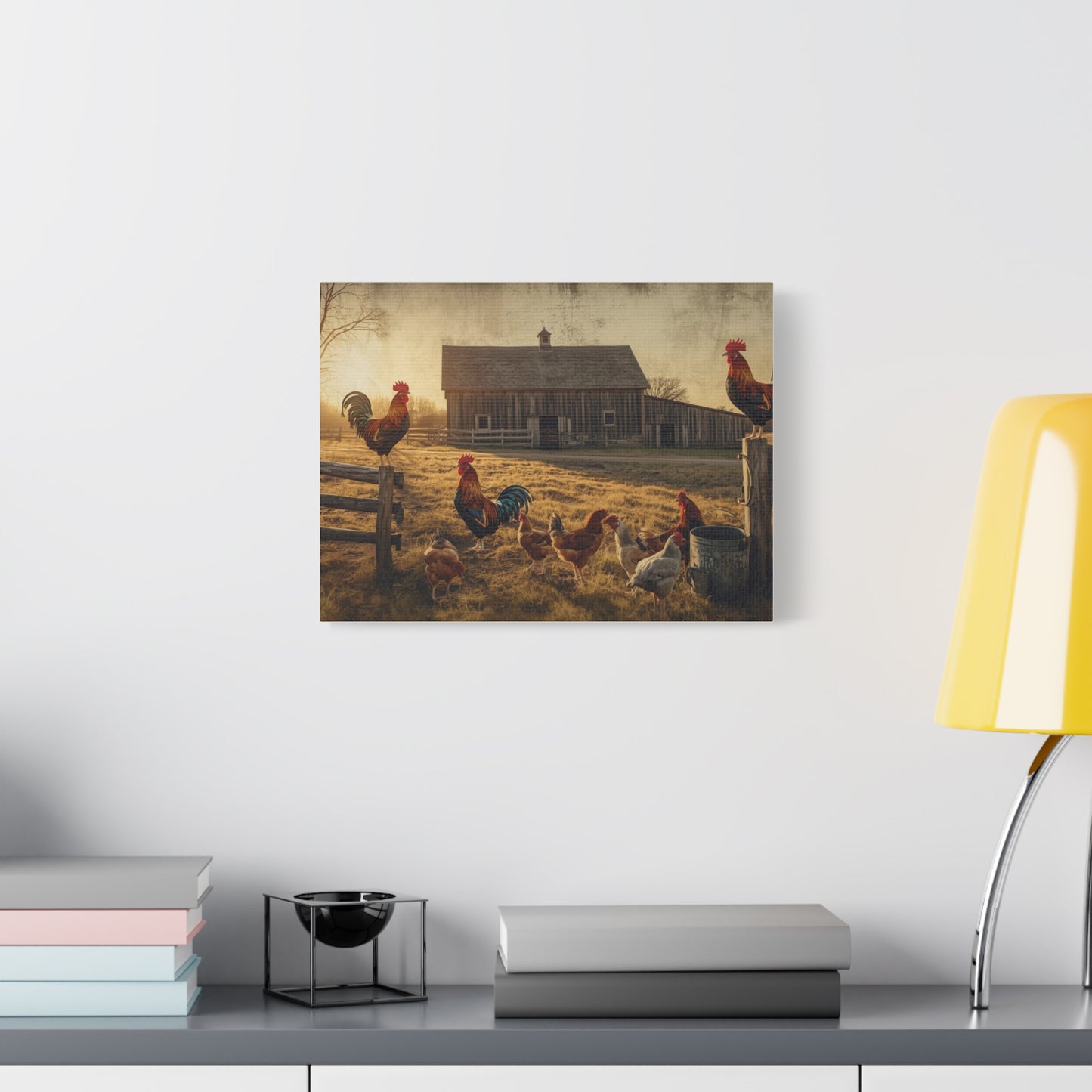 Rustic Morning Rooster Farm Matte Canvas Print