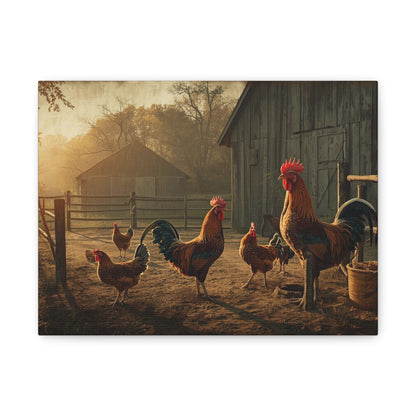 Rooster Farmhouse Canvas Print – Rustic Morning Barnyard Wall Art