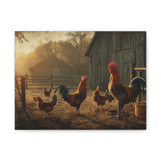 Rooster Farmhouse Canvas Print – Rustic Morning Barnyard Wall Art