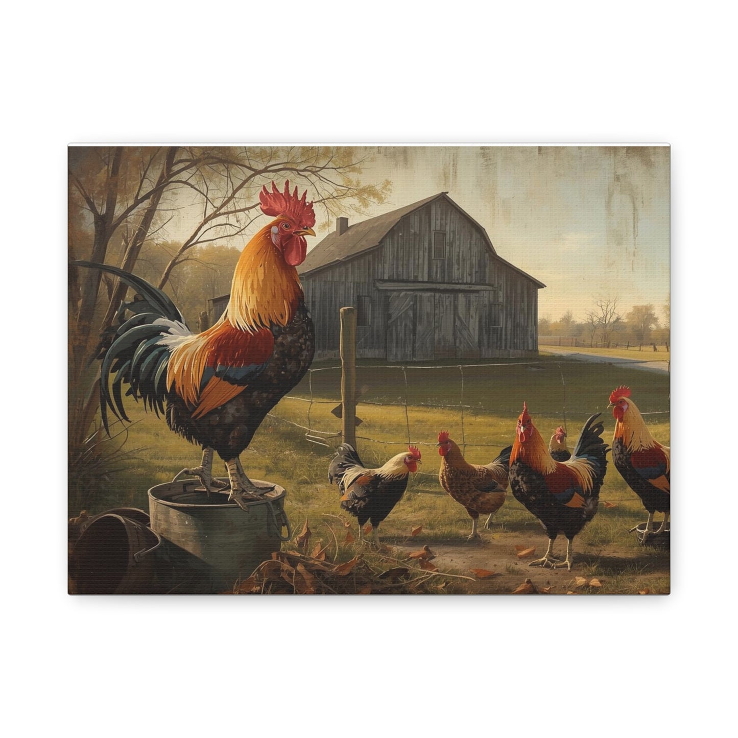 Rustic Rooster Farm Canvas Print — Country Barn Chicken Wall Art, Matte Stretched 1.25"