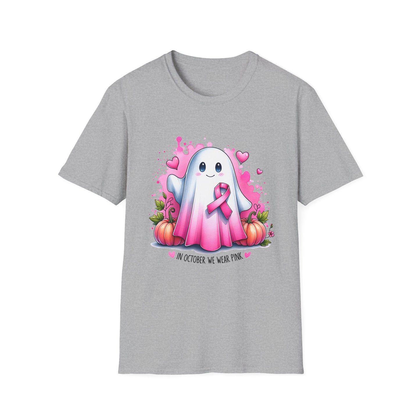 Cute Ghost Breast Cancer Awareness T-Shirt for October, Halloween Tee, Unisex Softstyle Shirt, Fall Fashion, Spooky Season