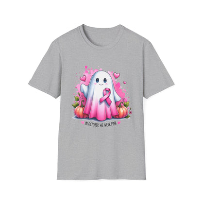 Cute Ghost Breast Cancer Awareness T-Shirt for October, Halloween Tee, Unisex Softstyle Shirt, Fall Fashion, Spooky Season