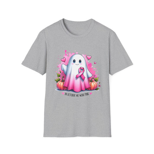 Cute Ghost Breast Cancer Awareness T-Shirt for October, Halloween Tee, Unisex Softstyle Shirt, Fall Fashion, Spooky Season