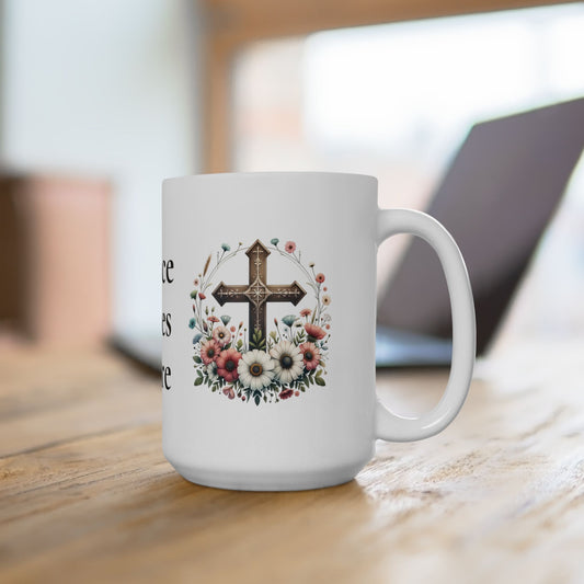 Peace Lives Here Ceramic Mug — Floral Inspirational Coffee Cup (11oz & 15oz)