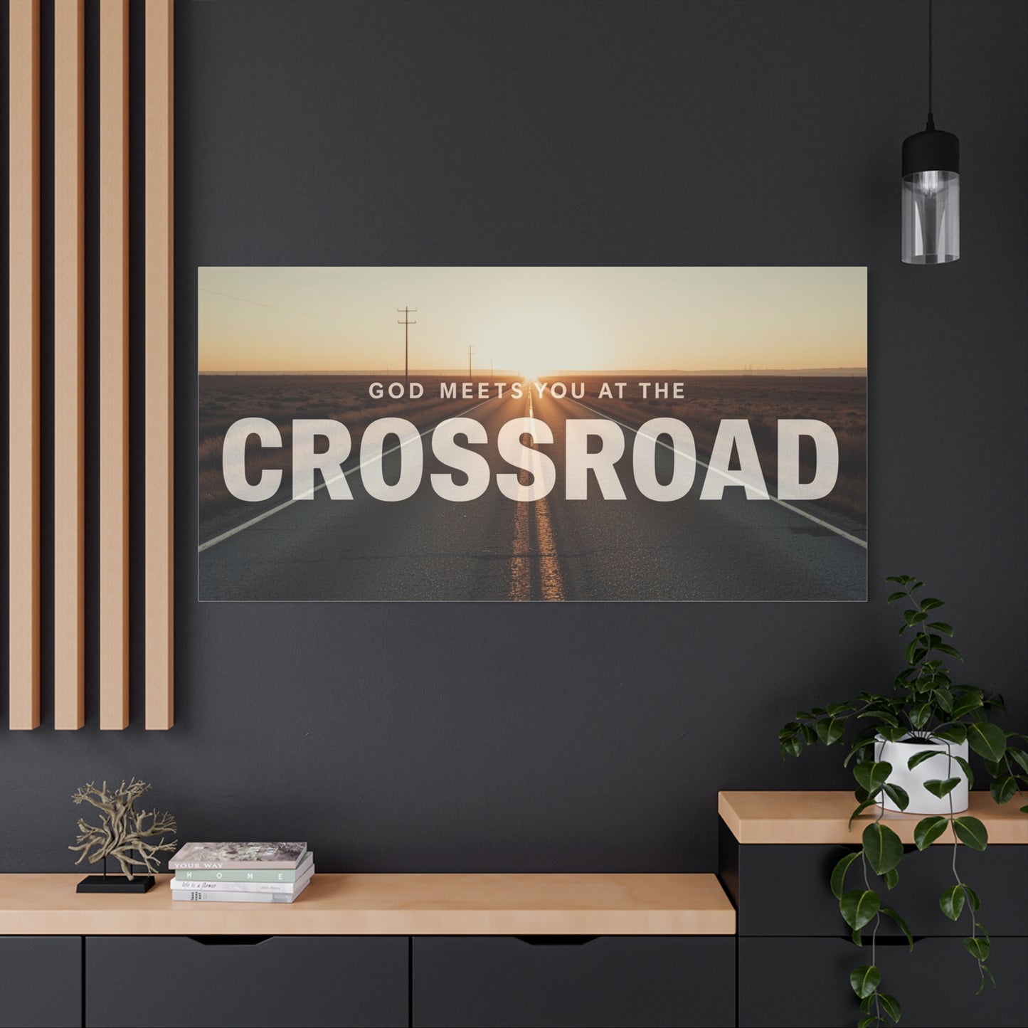 Crossroad Inspirational Canvas Print — “God Meets You at the Crossroad” Sunset Wall Art