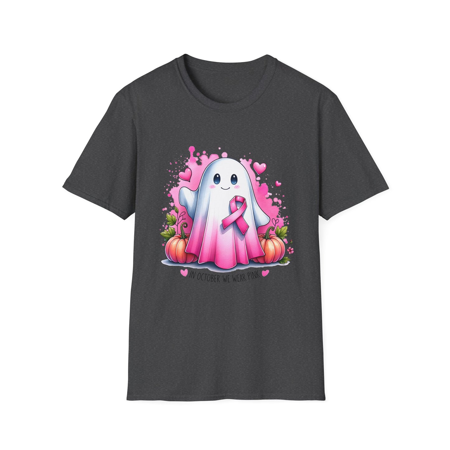 Cute Ghost Breast Cancer Awareness T-Shirt for October, Halloween Tee, Unisex Softstyle Shirt, Fall Fashion, Spooky Season