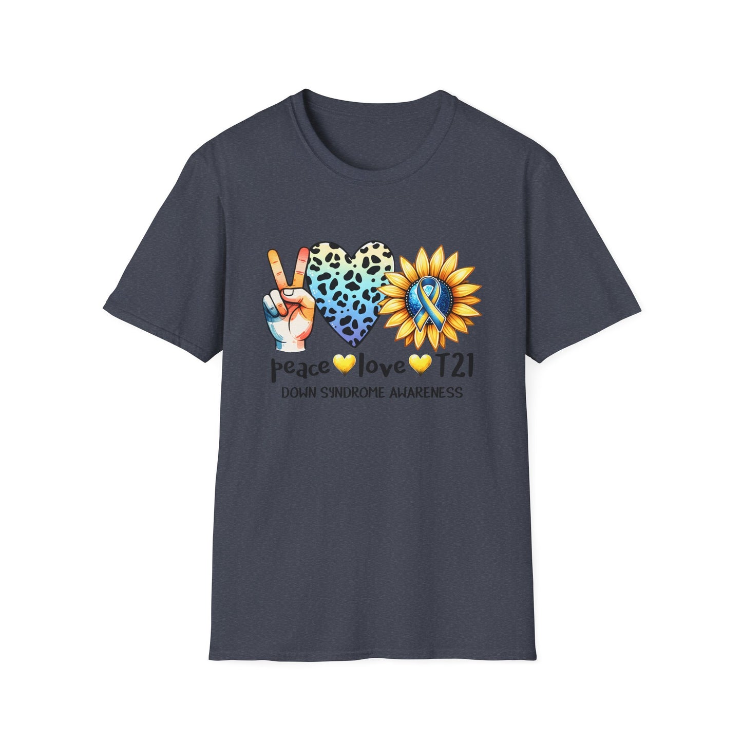 Down Syndrome Awareness T-Shirt, Unisex Graphic Tee, Peace Love T21 Casual Wear, Gift for Awareness Month, Sunshine Heart Design