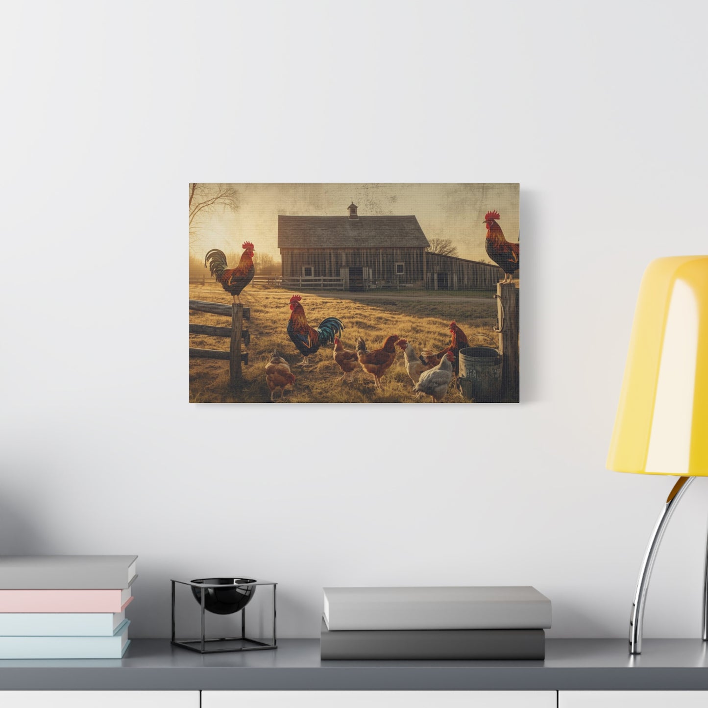 Rustic Morning Rooster Farm Matte Canvas Print