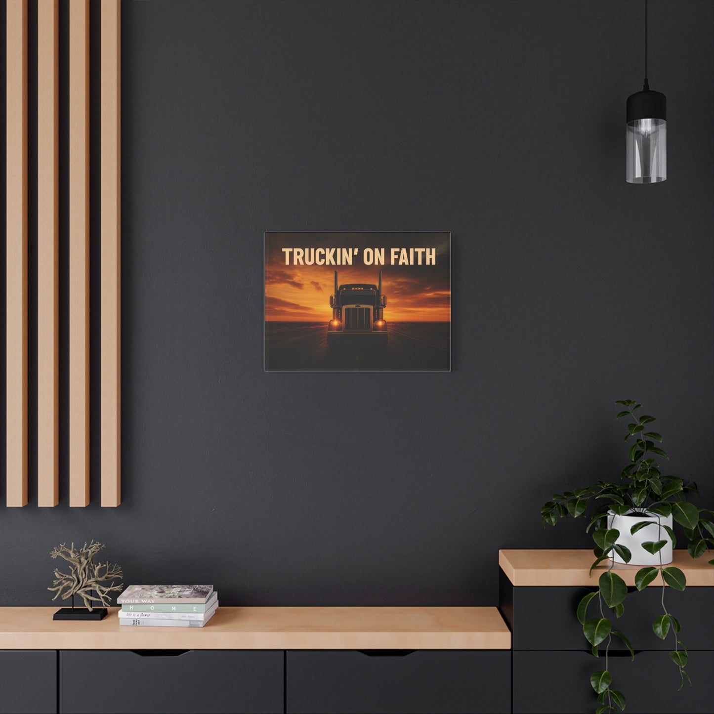 Truckin' On Faith Matte Canvas Wall Art — Semi Truck Sunset Print