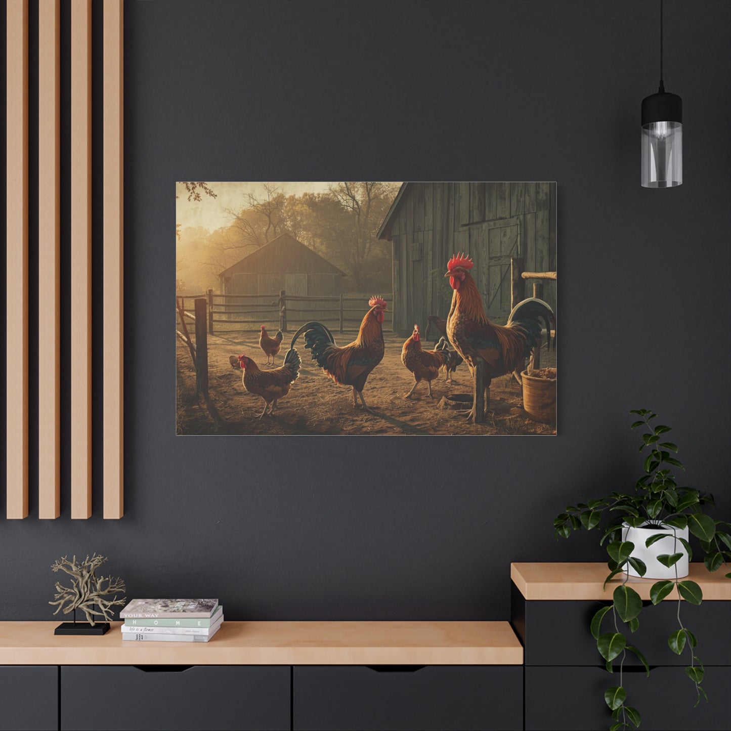 Rooster Farmhouse Canvas Print – Rustic Morning Barnyard Wall Art