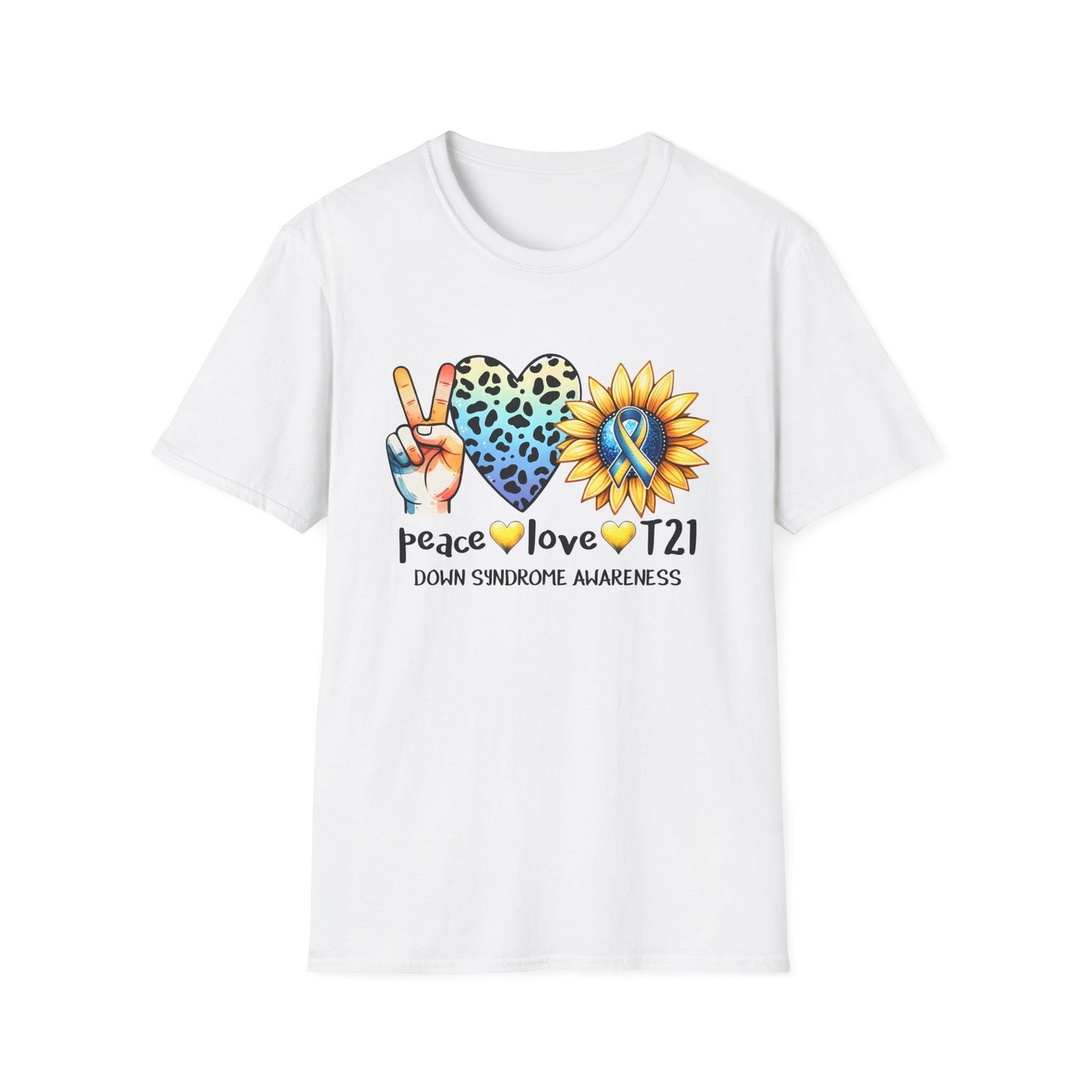Down Syndrome Awareness T-Shirt, Unisex Graphic Tee, Peace Love T21 Casual Wear, Gift for Awareness Month, Sunshine Heart Design