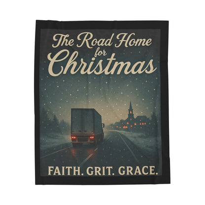 Christmas Road Home Plush Blanket - Cozy Velveteen Throw with Faith, Grit, Grace Design