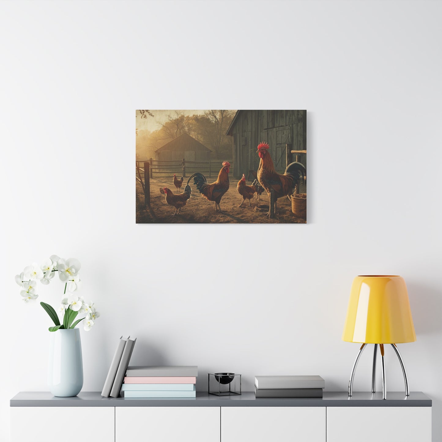 Rooster Farmhouse Canvas Print – Rustic Morning Barnyard Wall Art