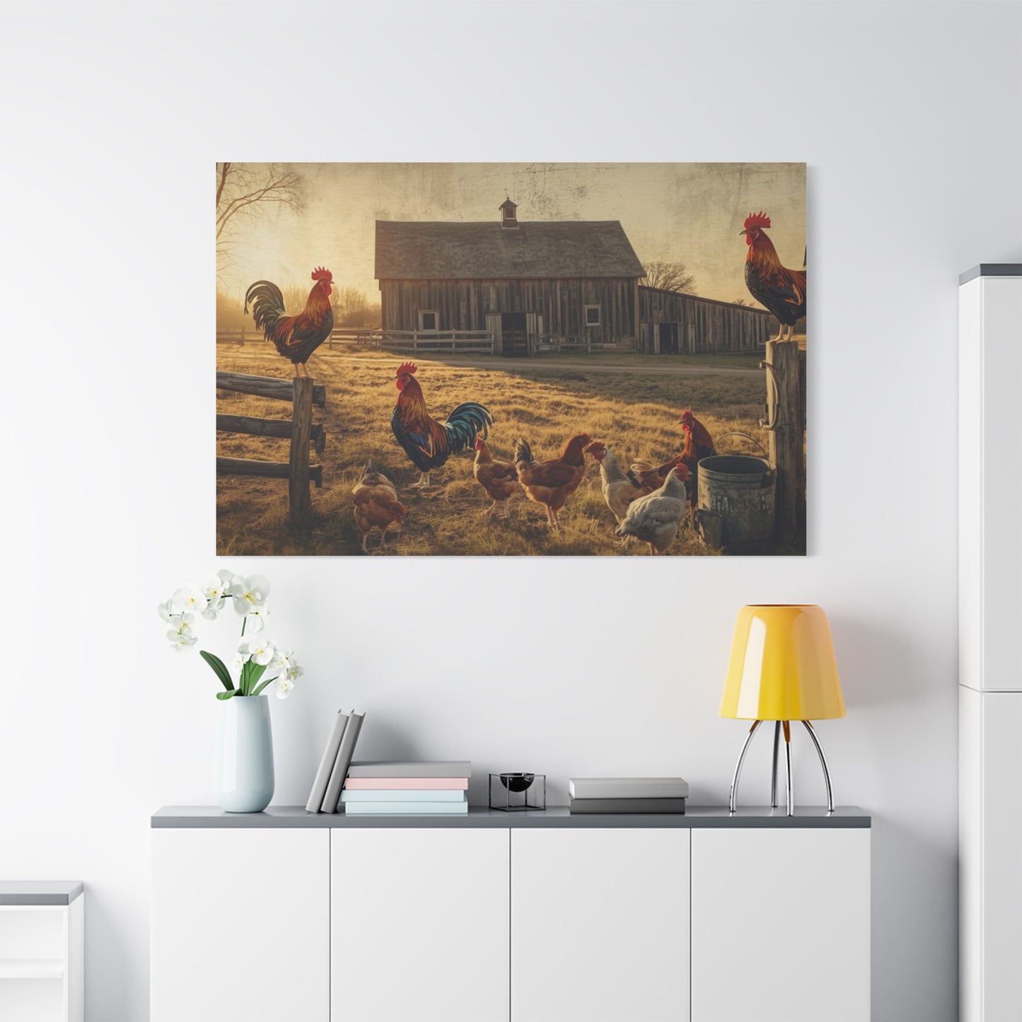 Rustic Morning Rooster Farm Matte Canvas Print