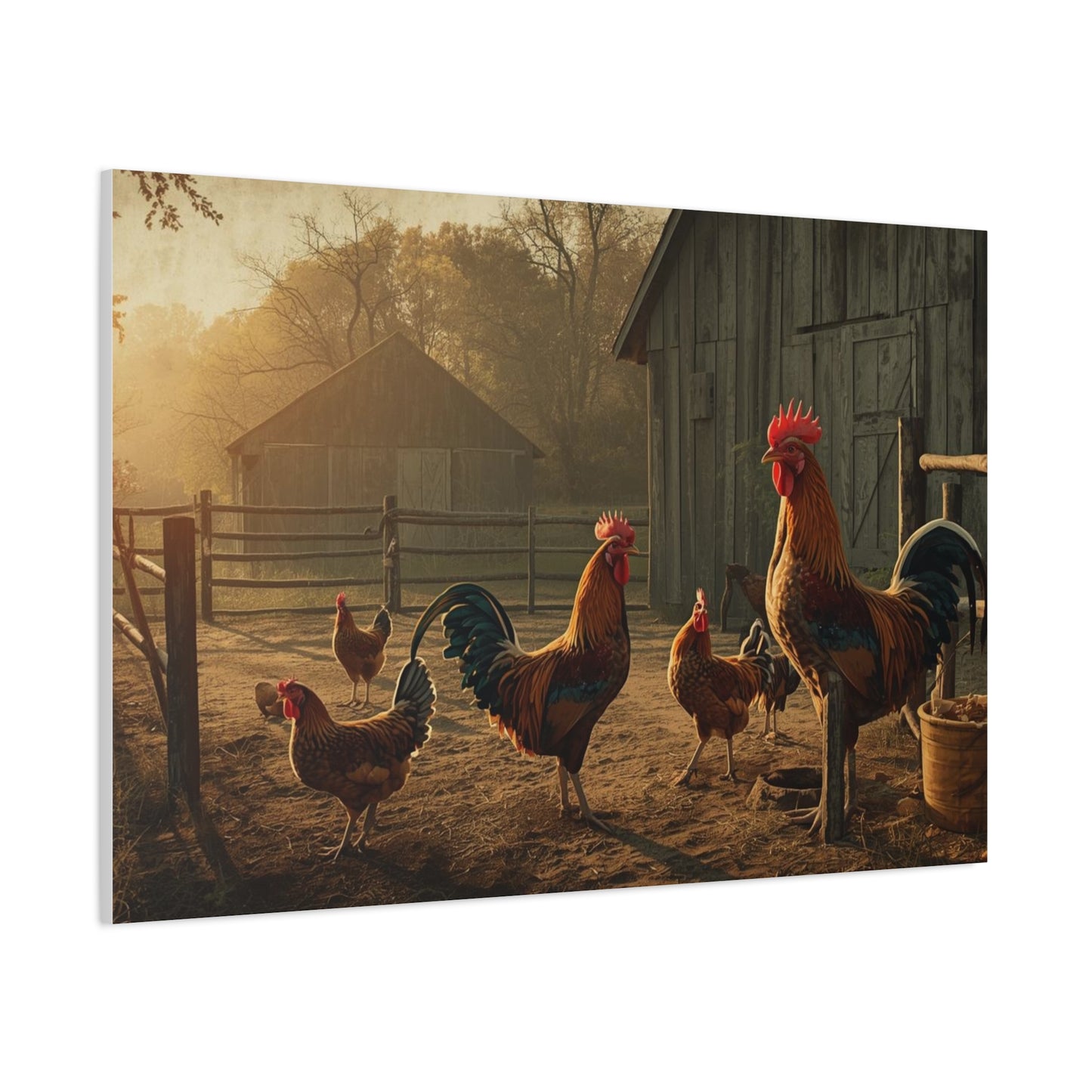 Rooster Farmhouse Canvas Print – Rustic Morning Barnyard Wall Art